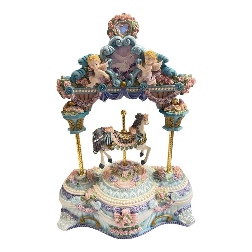 Musical Carousel Horse “Carousel Waltz” Cherubs Flowers Ribbons Moves Up/Down